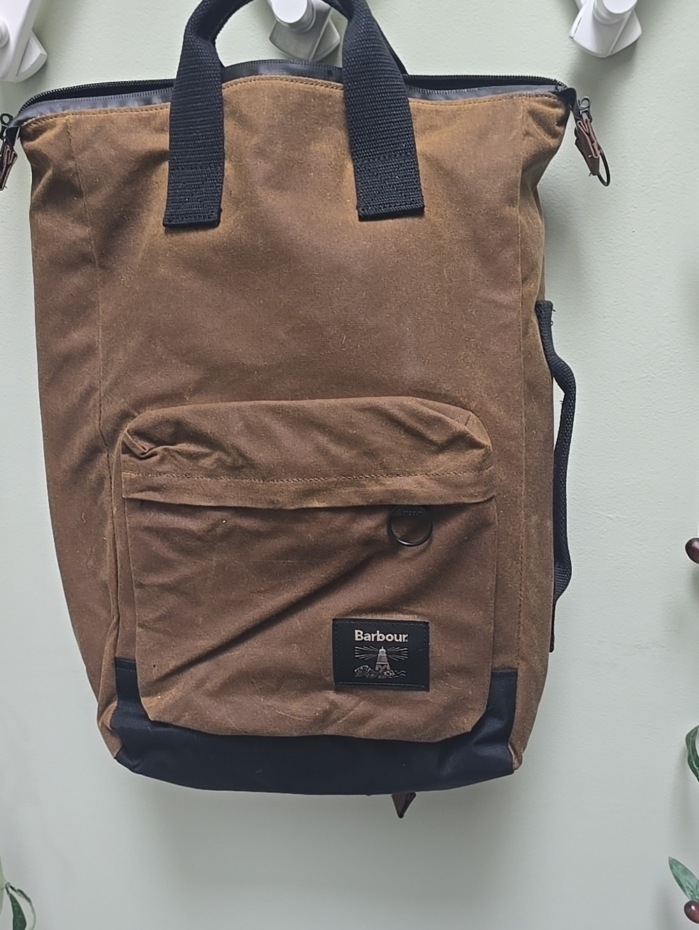 EUC Barbour Unisex Brown and Black Waxed Canvas Backpack w/ NWT Crossbody